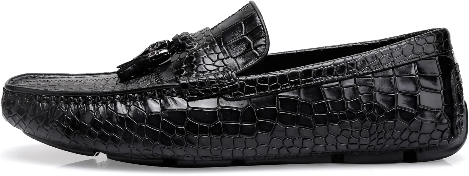 Men's Dress Shoes with Tassel, Classic Leather Crocodile Pattern Driving Shoes for Men