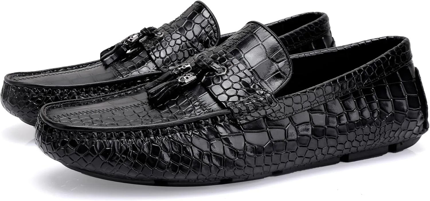 Men's Dress Shoes with Tassel, Classic Leather Crocodile Pattern Driving Shoes for Men