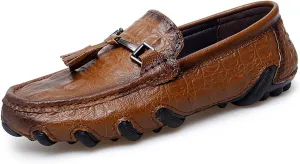 Mens Genuine Cowhide Leather Loafers Slip Ons, One - Step - on Shoes, Casual Driving and Business Suitable Flat Walking Moccasin Boat Shoes, Fashionable Wedding Slipper