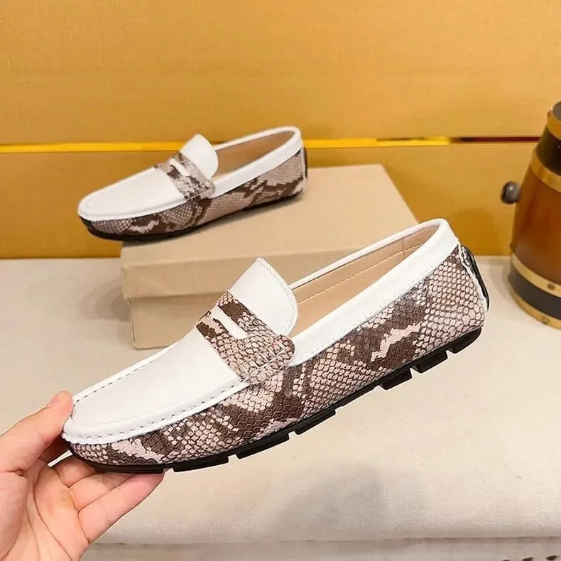 Men's Genuine Leather Driving Loafers -Two-Tone Crocodile Print Flexible Comfortable Anti-Slip with Manual Stitching, Perfect for Parties