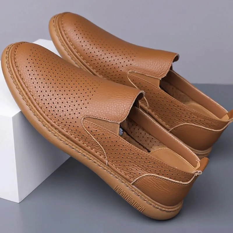 Men's Genuine Leather Hand Stitched Dress Loafers Mens Moccasins Commuter Slip-Resistant Lightweight Breathable Easy to Walk for Business Dinners