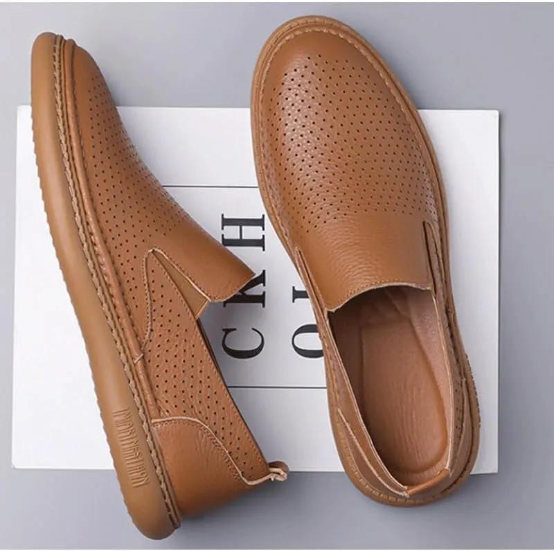 Men's Genuine Leather Hand Stitched Dress Loafers Mens Moccasins Commuter Slip-Resistant Lightweight Breathable Easy to Walk for Business Dinners