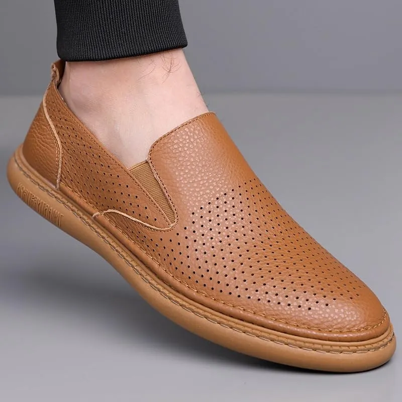Men's Genuine Leather Hand Stitched Dress Loafers Mens Moccasins Commuter Slip-Resistant Lightweight Breathable Easy to Walk for Business Dinners