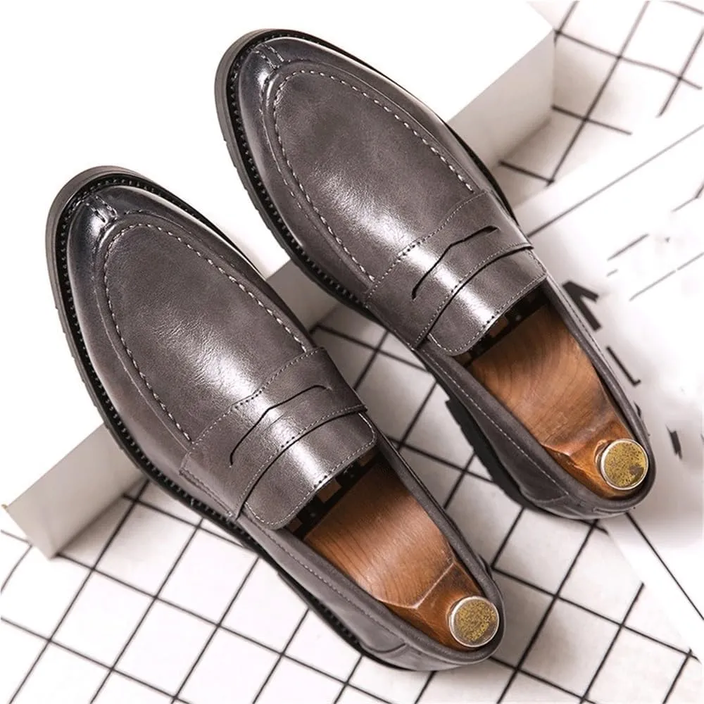 Mens Korean Style Genuine Leather Oxford Loafers Slip On Classic Business Casual Comfy Bean Vintage Round Head Dress Shoes