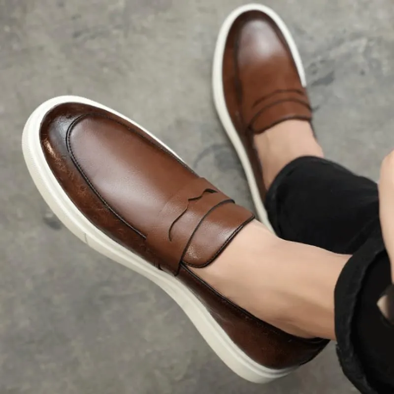Men's Leather Chunky Platform Penny Loafers with Round Toe Design, Non-Slip Lug Sole for Office, Business, and Casual Wear