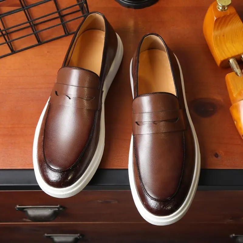 Men's Leather Chunky Platform Penny Loafers with Round Toe Design, Non-Slip Lug Sole for Office, Business, and Casual Wear
