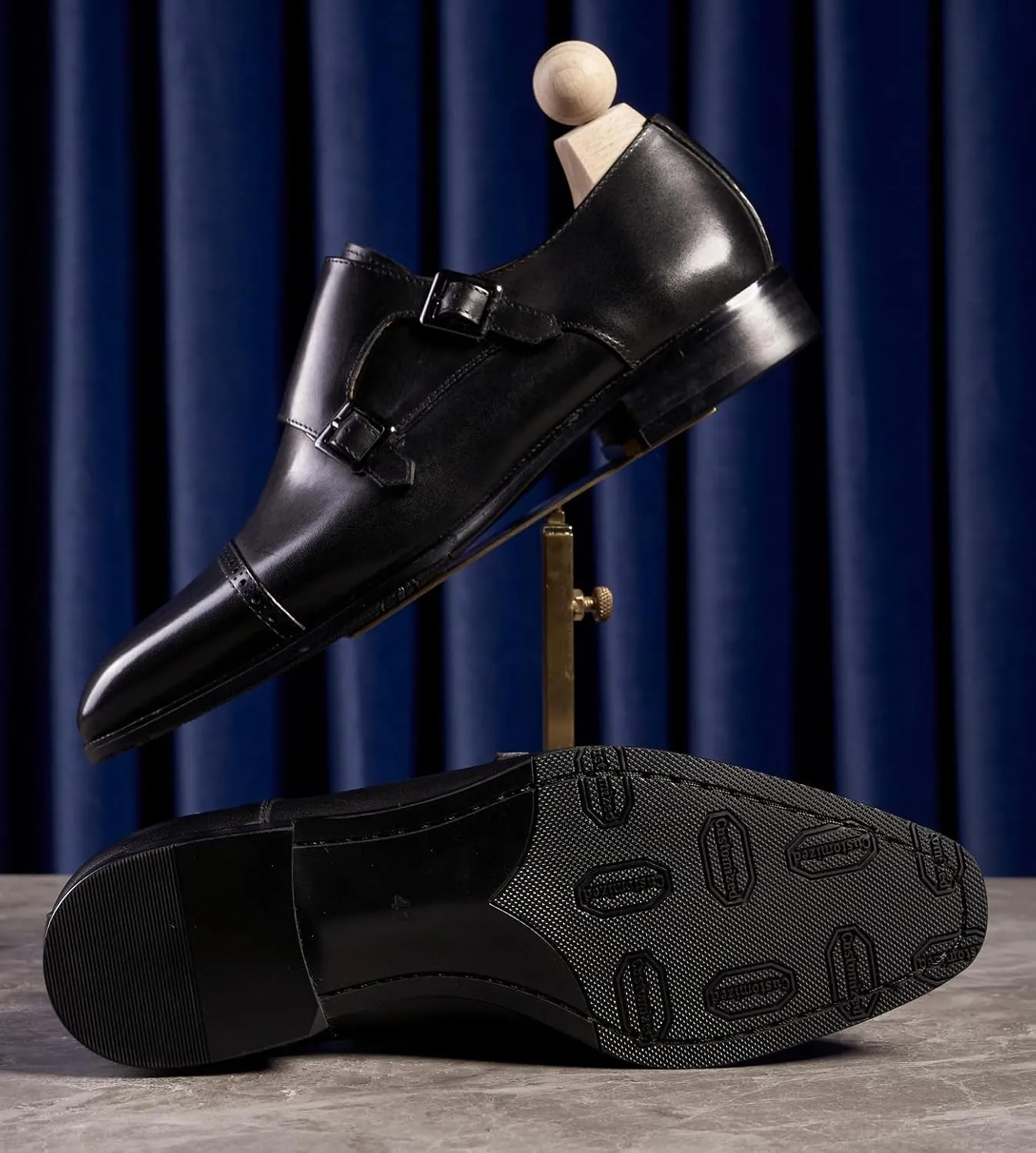 Men's Leather Monk Strap Dress Shoes, Blake Stitched, Black Genuine Cowhide Loafers,Prom Wedding Business Mocasines Tuxedo Shoes for Men