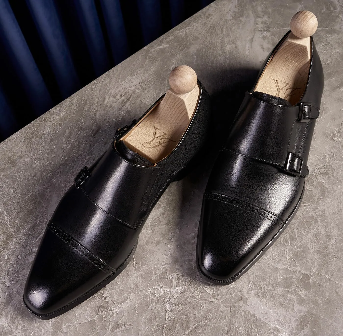 Men's Leather Monk Strap Dress Shoes, Blake Stitched, Black Genuine Cowhide Loafers,Prom Wedding Business Mocasines Tuxedo Shoes for Men