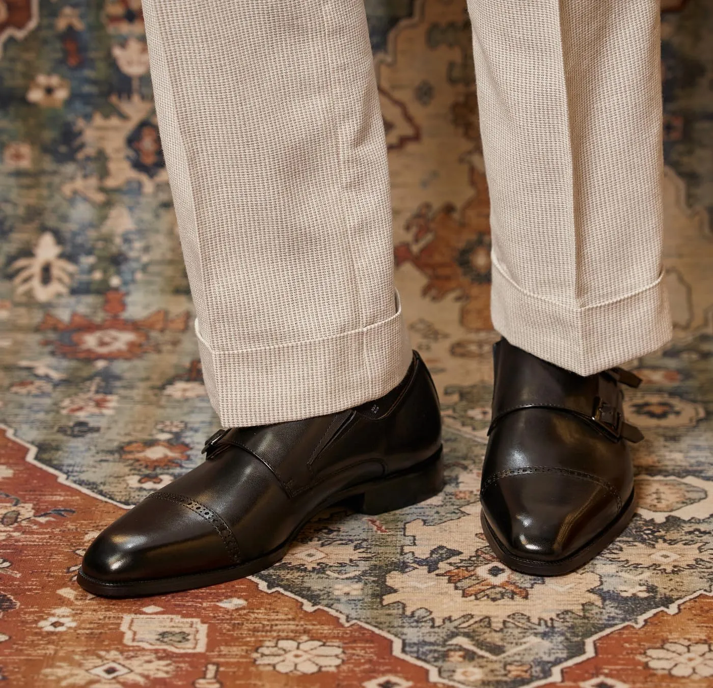 Men's Leather Monk Strap Dress Shoes, Blake Stitched, Black Genuine Cowhide Loafers,Prom Wedding Business Mocasines Tuxedo Shoes for Men
