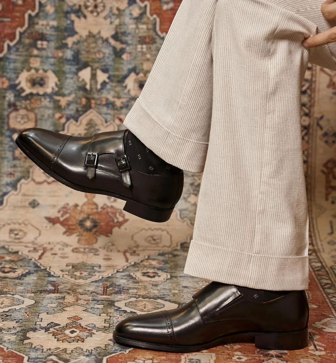 Men's Leather Monk Strap Dress Shoes, Blake Stitched, Black Genuine Cowhide Loafers,Prom Wedding Business Mocasines Tuxedo Shoes for Men