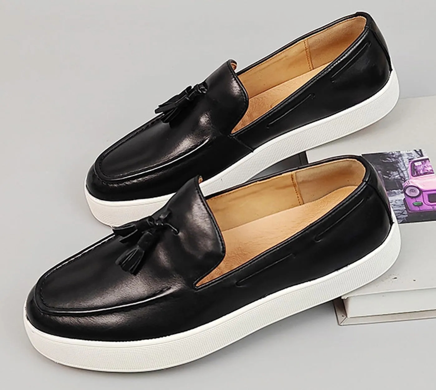 Men’s Leather Penny Loafers with Tassels – Stylish Slip-On Dress Casual Shoes, Classic & Comfortable for Business, Weddings, and Casual Wear