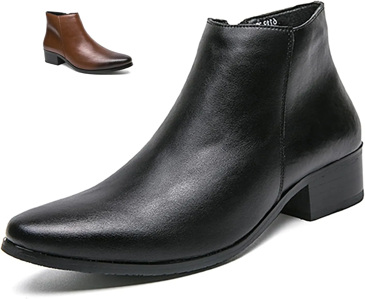 Men's Leather Slip on Dress Chelsea Ankle Boots with Side Zipper Casual Fashion Cowhide Pointed Toe Chunky Heel Oxfords Booties for Formal Events Working Business