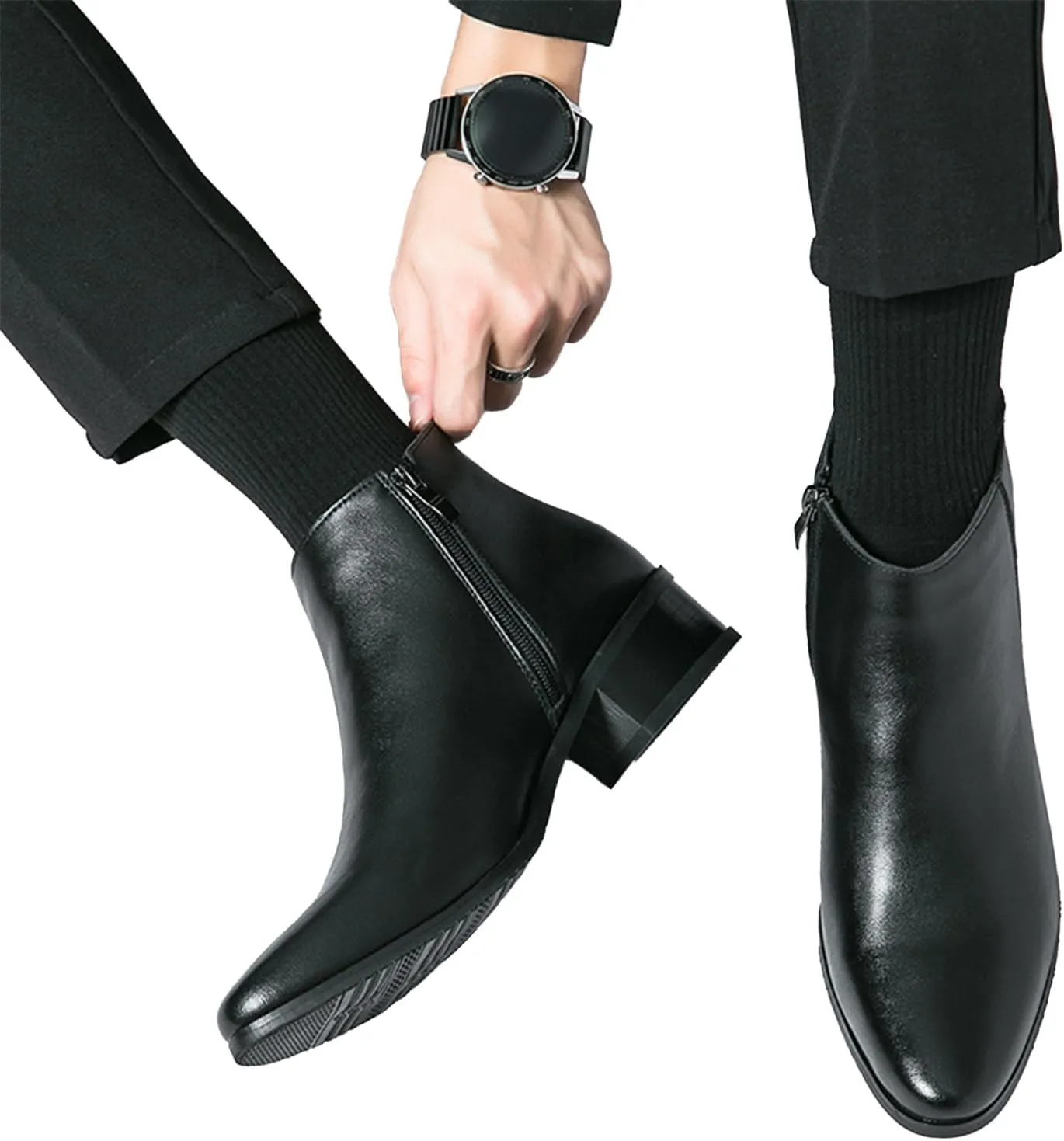 Men's Leather Slip on Dress Chelsea Ankle Boots with Side Zipper Casual Fashion Cowhide Pointed Toe Chunky Heel Oxfords Booties for Formal Events Working Business