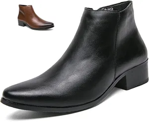 Men's Leather Slip on Dress Chelsea Ankle Boots with Side Zipper Casual Fashion Cowhide Pointed Toe Chunky Heel Oxfords Booties for Formal Events Working Business