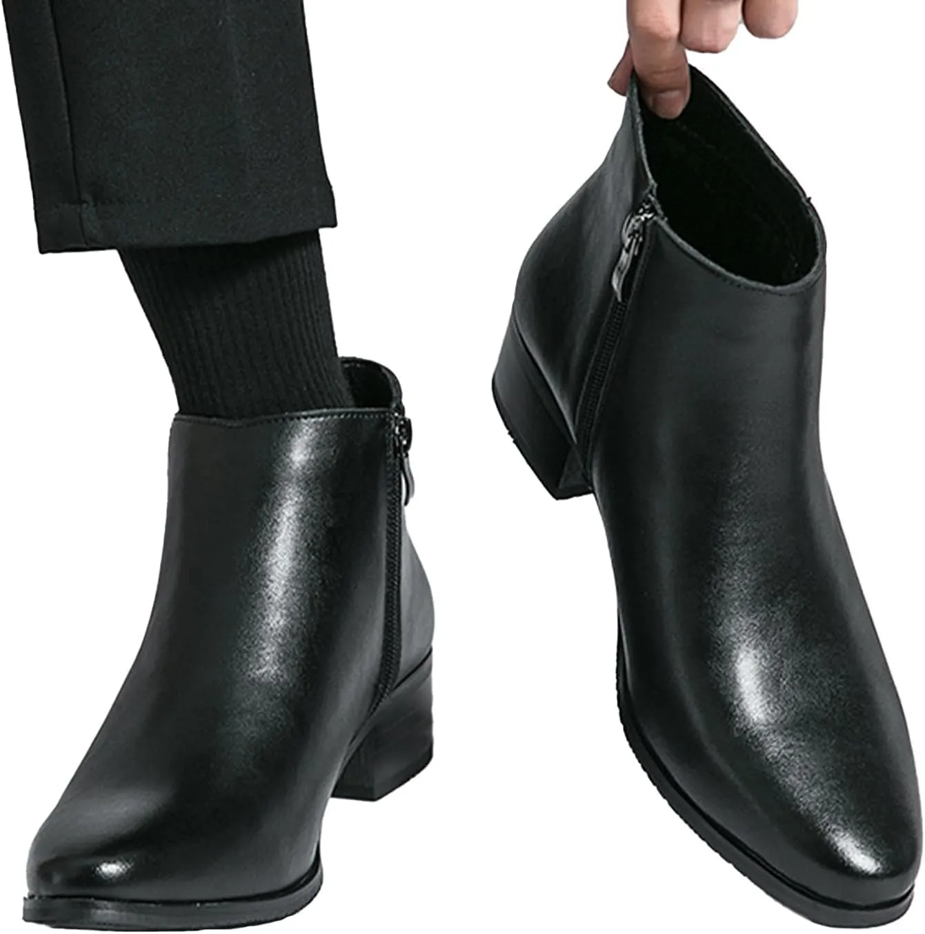 Men's Leather Slip on Dress Chelsea Ankle Boots with Side Zipper Casual Fashion Cowhide Pointed Toe Chunky Heel Oxfords Booties for Formal Events Working Business