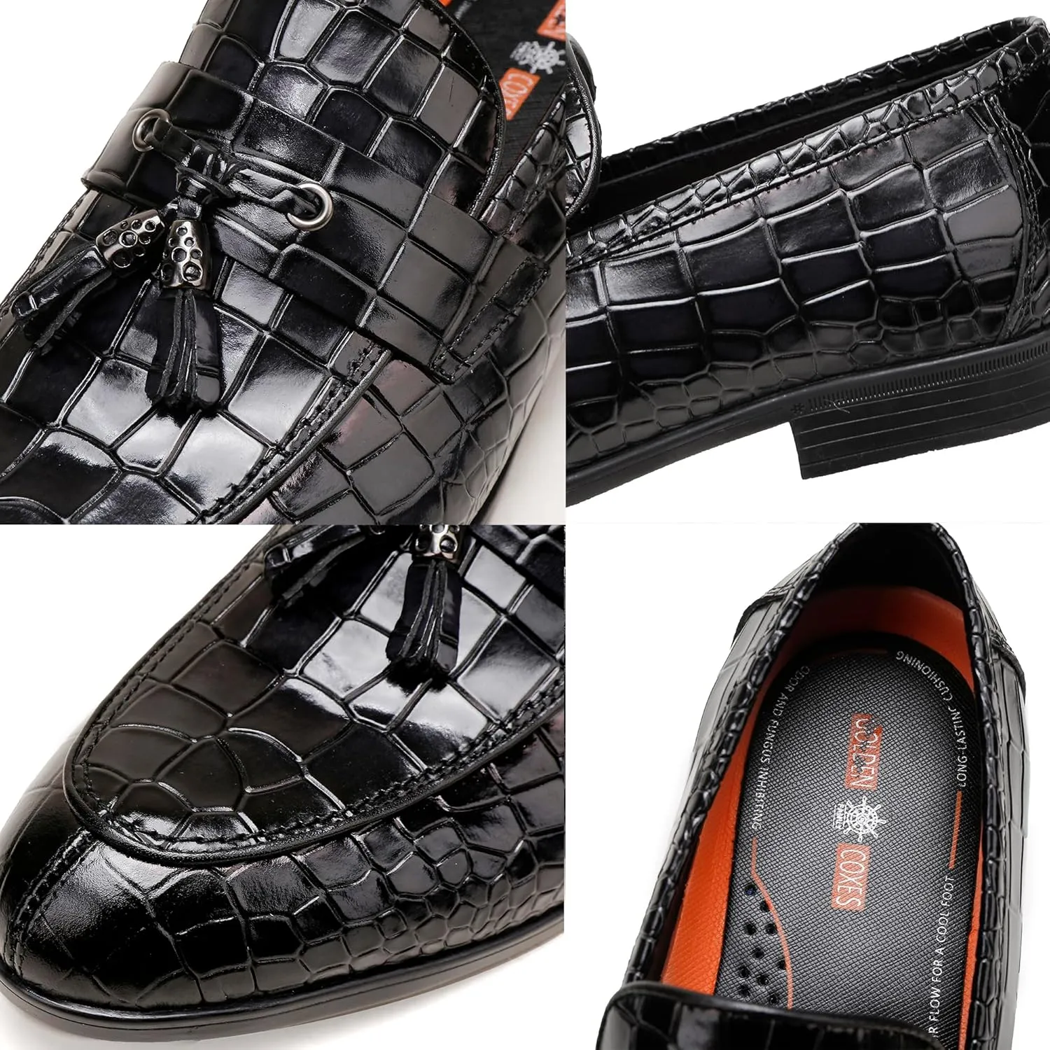 Mens Leather Tassel Shoes, Classic Formal Crocodile Printed Tassel Business Dress Shoes Party Loafers for Men