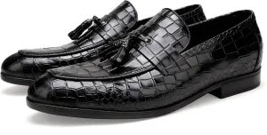 Mens Leather Tassel Shoes, Classic Formal Crocodile Printed Tassel Business Dress Shoes Party Loafers for Men