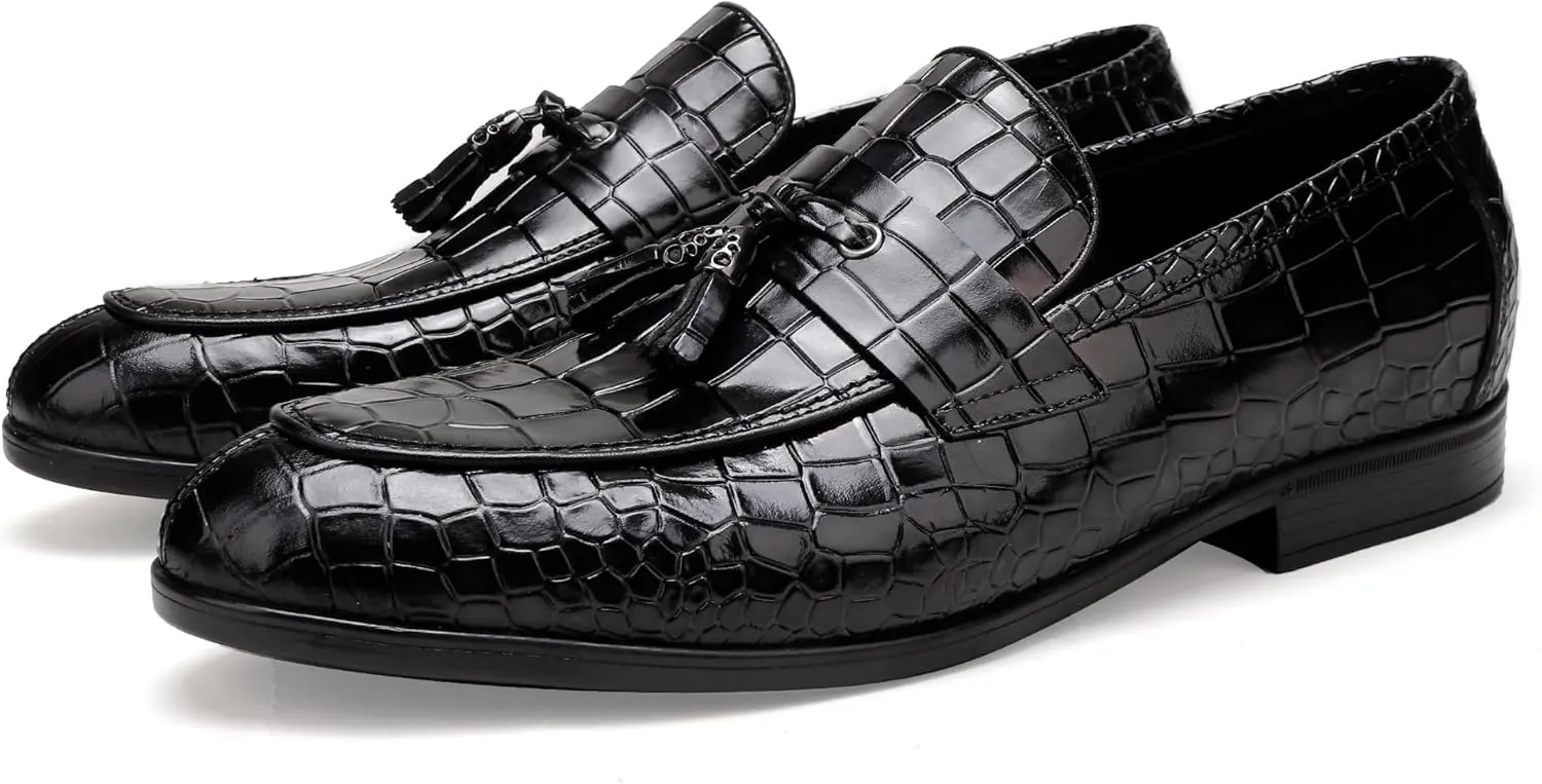 Mens Leather Tassel Shoes, Classic Formal Crocodile Printed Tassel Business Dress Shoes Party Loafers for Men