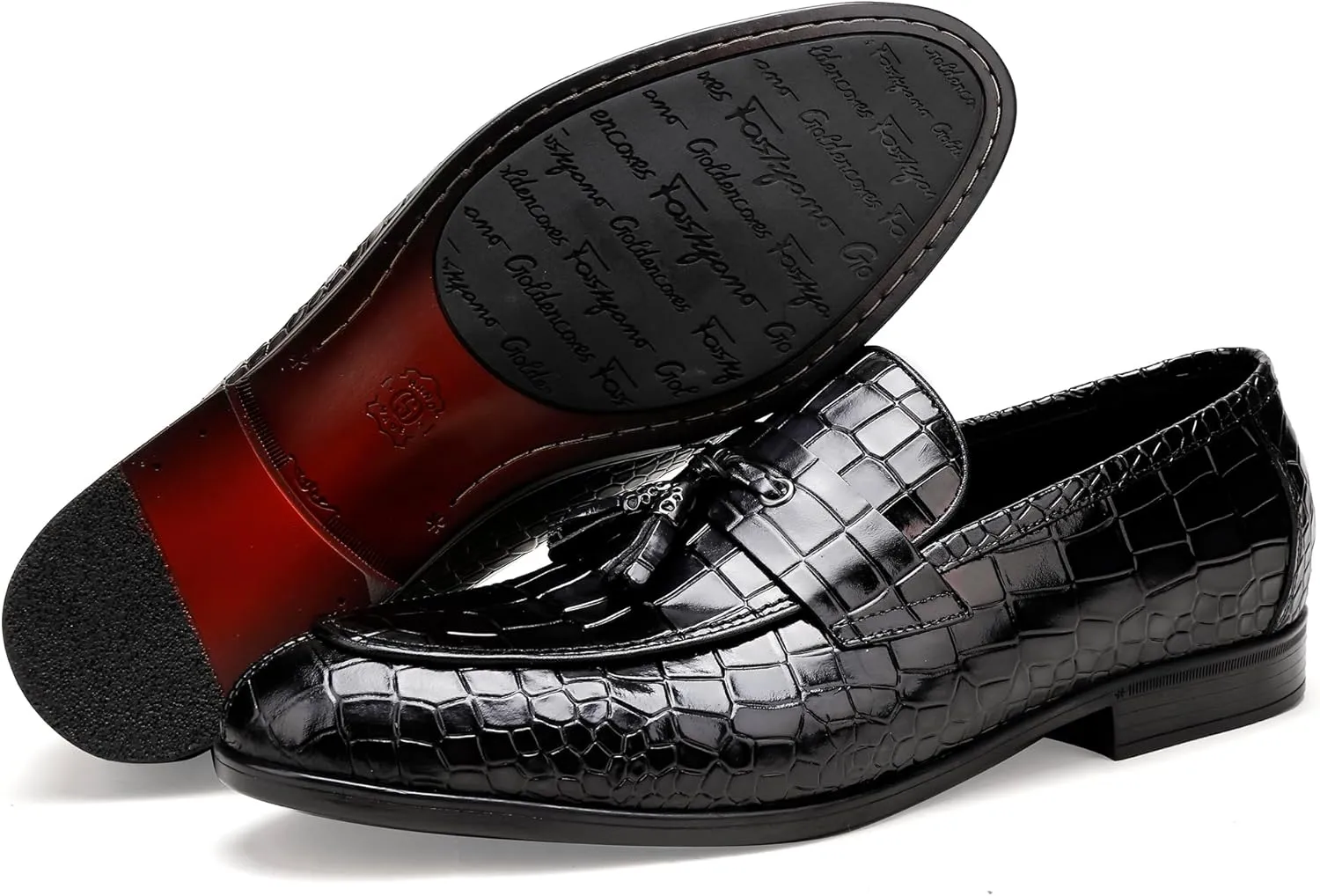 Mens Leather Tassel Shoes, Classic Formal Crocodile Printed Tassel Business Dress Shoes Party Loafers for Men