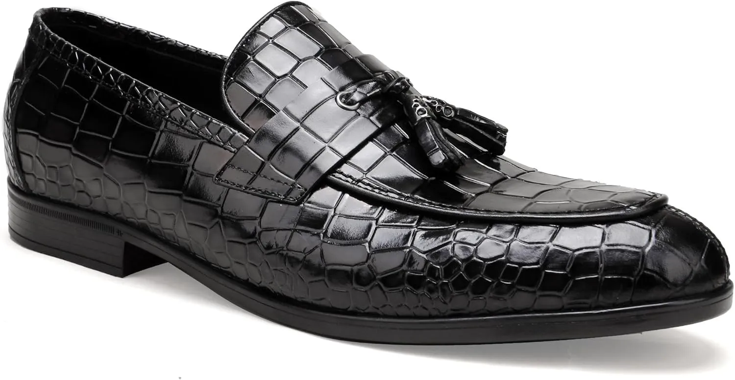 Mens Leather Tassel Shoes, Classic Formal Crocodile Printed Tassel Business Dress Shoes Party Loafers for Men