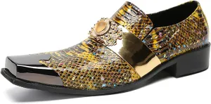 Mens Loafers Dress Casual Slip On Genuine Leather Yellow Gemstone Mocassins Snakeskin Texture Metal-Square Toe Penny Loafers Prom Wedding Western Party Disco Tuxedo Shoes for Mens