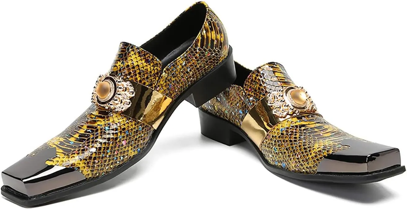 Mens Loafers Dress Casual Slip On Genuine Leather Yellow Gemstone Mocassins Snakeskin Texture Metal-Square Toe Penny Loafers Prom Wedding Western Party Disco Tuxedo Shoes for Mens