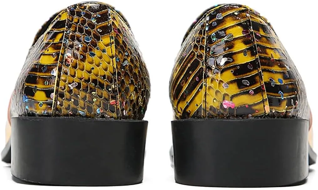 Mens Loafers Dress Casual Slip On Genuine Leather Yellow Gemstone Mocassins Snakeskin Texture Metal-Square Toe Penny Loafers Prom Wedding Western Party Disco Tuxedo Shoes for Mens