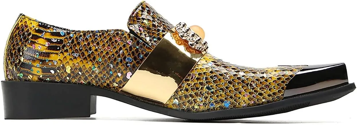 Mens Loafers Dress Casual Slip On Genuine Leather Yellow Gemstone Mocassins Snakeskin Texture Metal-Square Toe Penny Loafers Prom Wedding Western Party Disco Tuxedo Shoes for Mens
