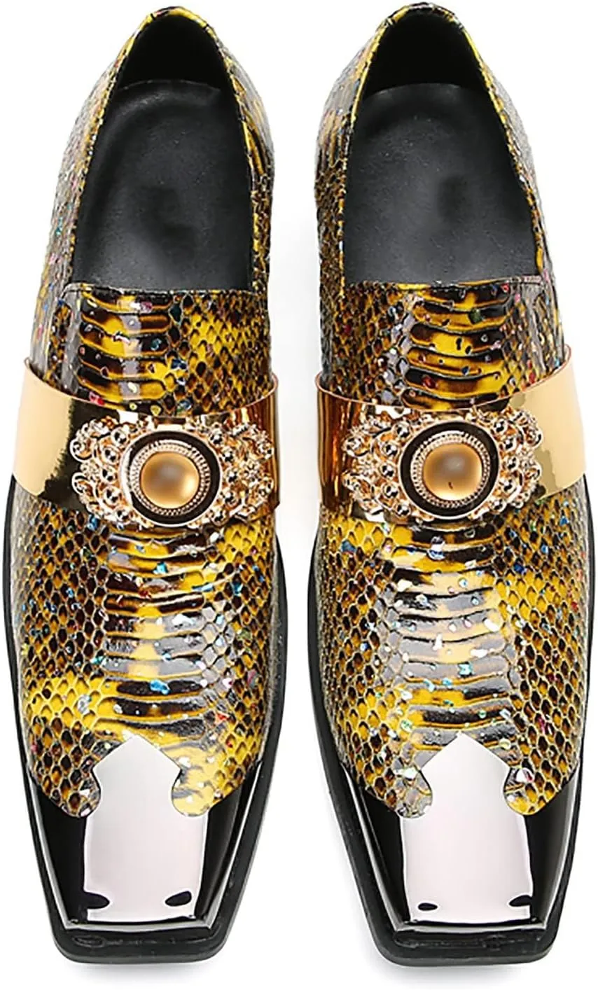 Mens Loafers Dress Casual Slip On Genuine Leather Yellow Gemstone Mocassins Snakeskin Texture Metal-Square Toe Penny Loafers Prom Wedding Western Party Disco Tuxedo Shoes for Mens