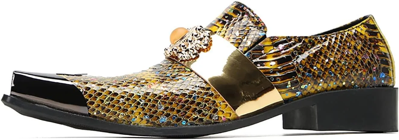 Mens Loafers Dress Casual Slip On Genuine Leather Yellow Gemstone Mocassins Snakeskin Texture Metal-Square Toe Penny Loafers Prom Wedding Western Party Disco Tuxedo Shoes for Mens