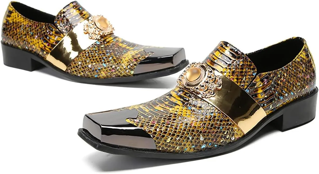 Mens Loafers Dress Casual Slip On Genuine Leather Yellow Gemstone Mocassins Snakeskin Texture Metal-Square Toe Penny Loafers Prom Wedding Western Party Disco Tuxedo Shoes for Mens