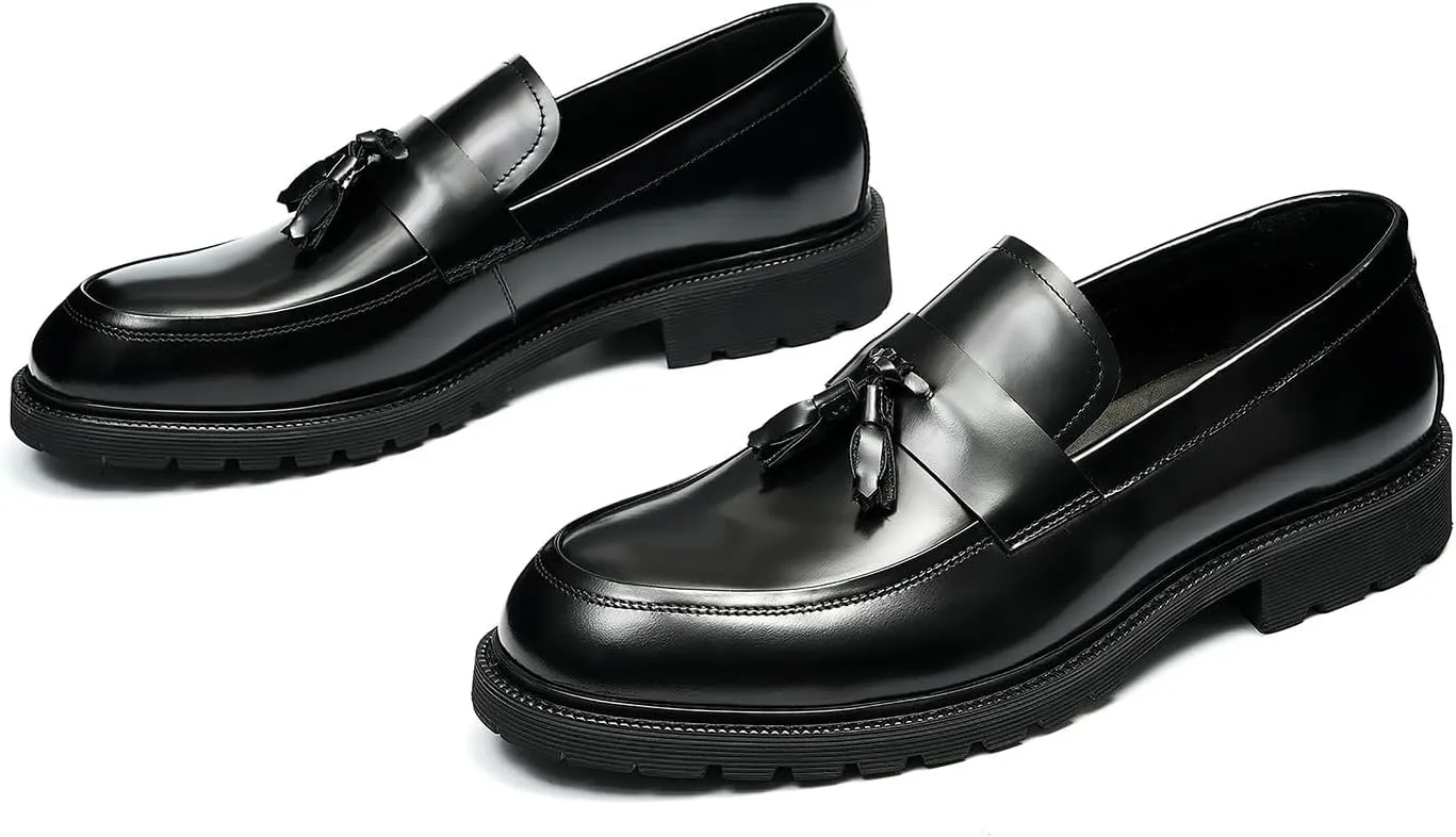 Men's Loafers Slip Ons Dress Casual Tassel Shoes Genuine Leather Thick-Soled Penny Loafer Formal Business Fashion Prom Wedding Tuxedo Shoes for Men