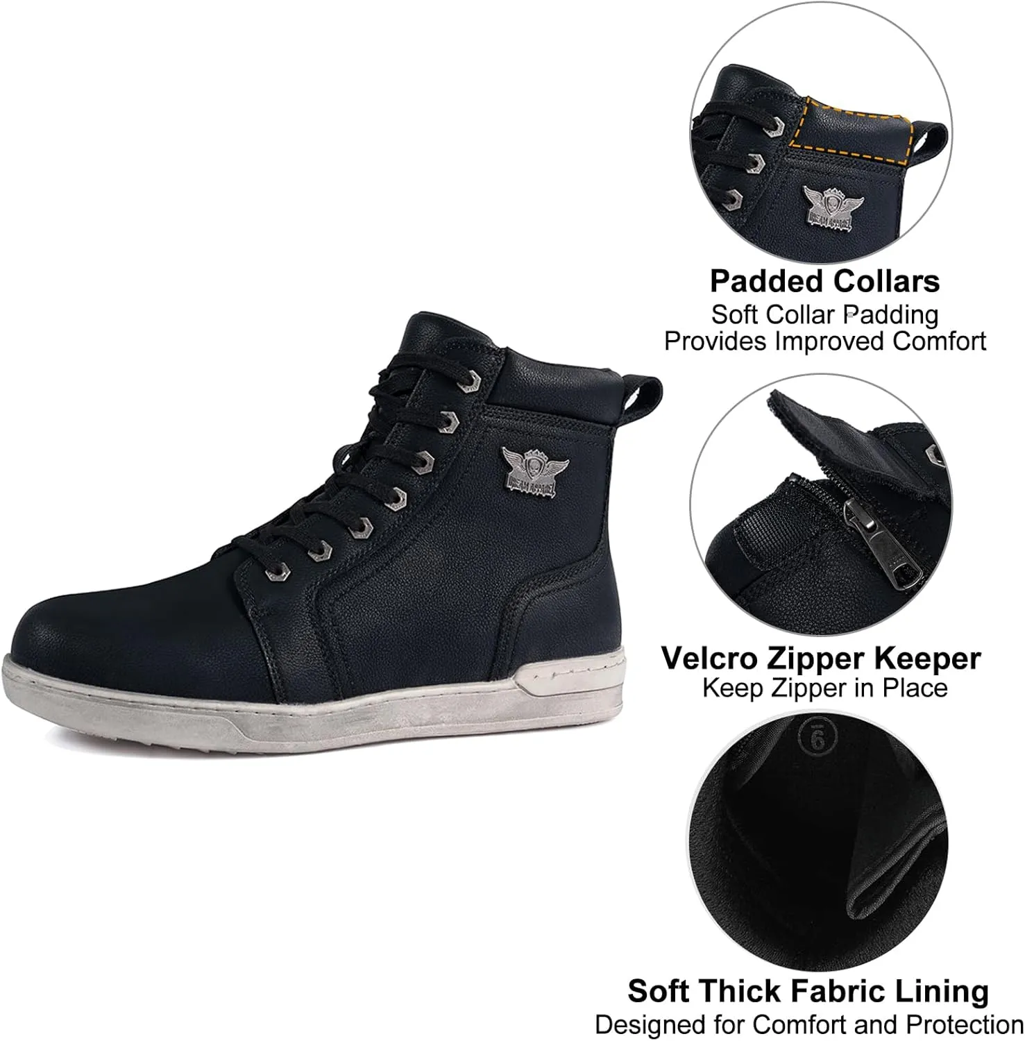 Men's Motorcycle Riding Shoes Street Riding Shoes Breathable Biker Boots Sneakers Powersports Footwear, Black Faux Leather Lace Up Shoes with Ankle Support for Men, Anti-Slip Sole, Side Zipper