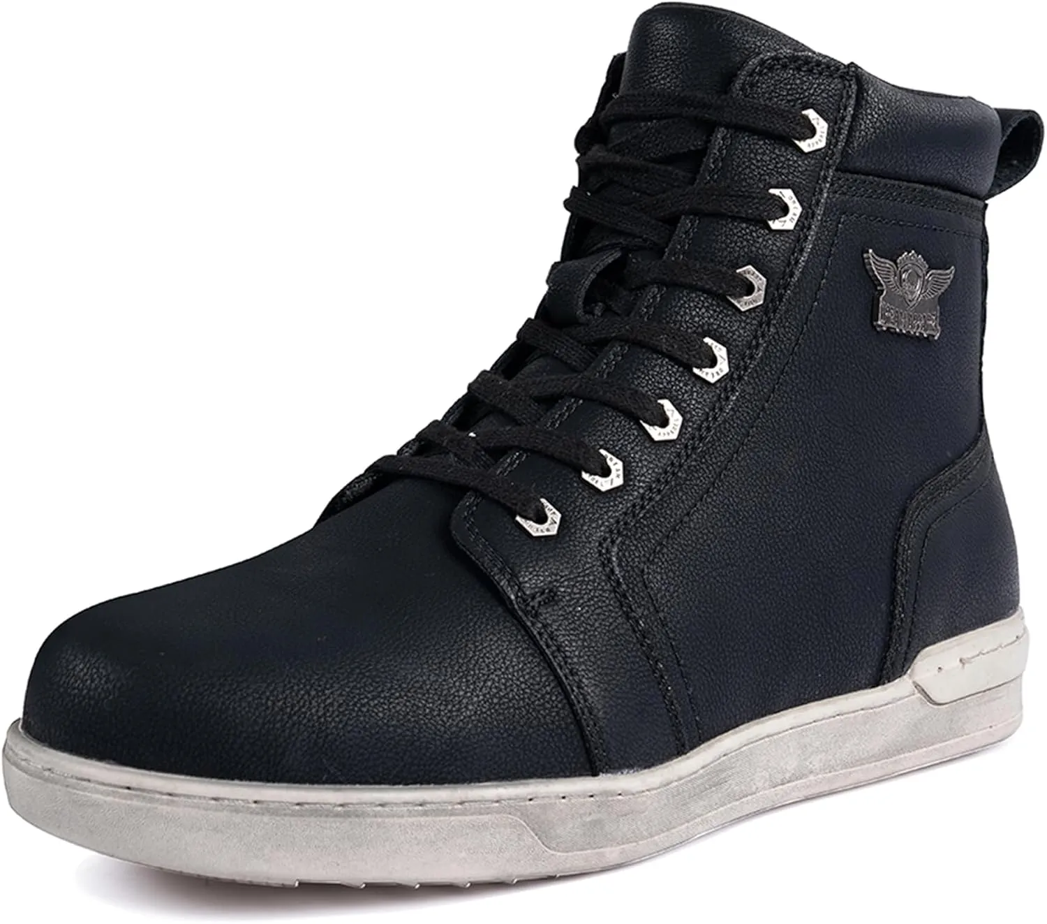 Men's Motorcycle Riding Shoes Street Riding Shoes Breathable Biker Boots Sneakers Powersports Footwear, Black Faux Leather Lace Up Shoes with Ankle Support for Men, Anti-Slip Sole, Side Zipper