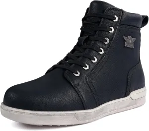 Men's Motorcycle Riding Shoes Street Riding Shoes Breathable Biker Boots Sneakers Powersports Footwear, Black Faux Leather Lace Up Shoes with Ankle Support for Men, Anti-Slip Sole, Side Zipper