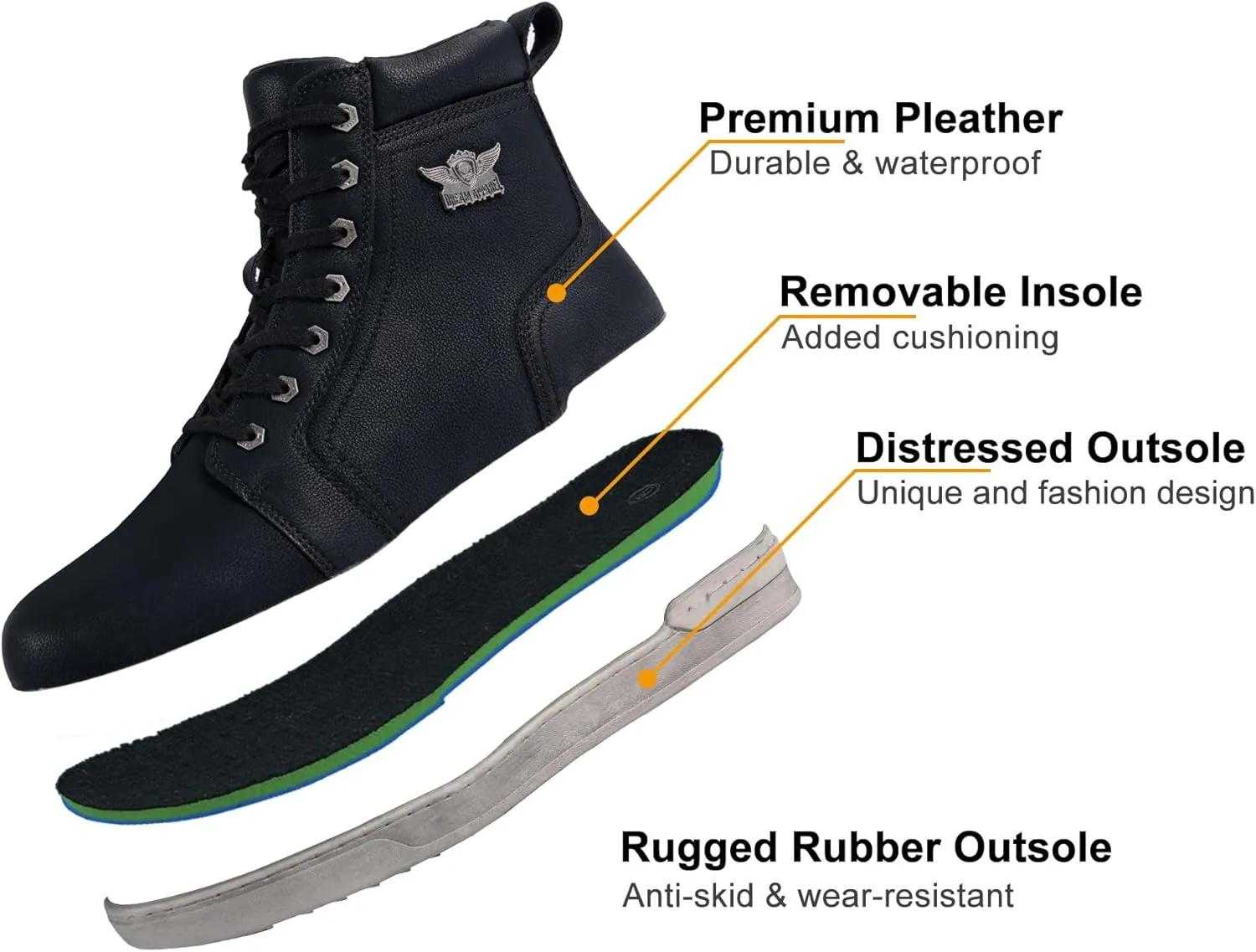 Men's Motorcycle Riding Shoes Street Riding Shoes Breathable Biker Boots Sneakers Powersports Footwear, Black Faux Leather Lace Up Shoes with Ankle Support for Men, Anti-Slip Sole, Side Zipper