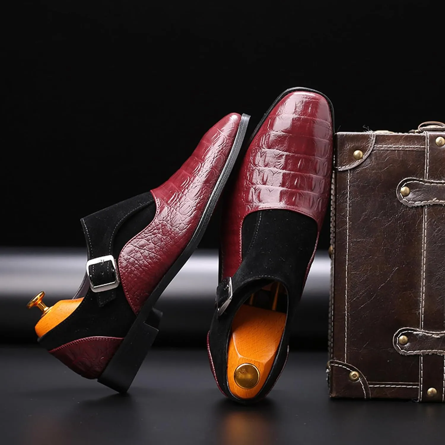 Men's Pattern Leather Patchwork Monk Strap Loafers Fashion Classic Pointed Toe Slip On Formal Business Dress Oxford Shoes