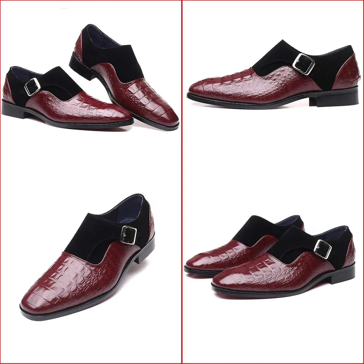 Men's Pattern Leather Patchwork Monk Strap Loafers Fashion Classic Pointed Toe Slip On Formal Business Dress Oxford Shoes