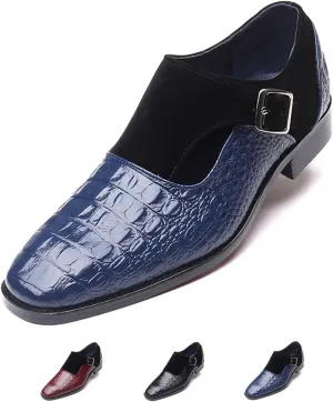 Men's Pattern Leather Patchwork Monk Strap Loafers Fashion Classic Pointed Toe Slip On Formal Business Dress Oxford Shoes