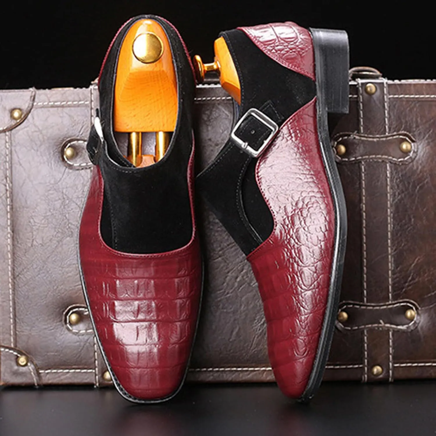 Men's Pattern Leather Patchwork Monk Strap Loafers Fashion Classic Pointed Toe Slip On Formal Business Dress Oxford Shoes