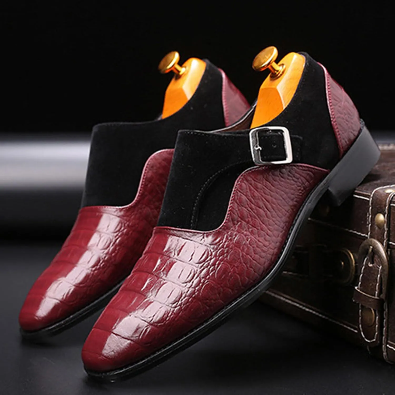 Men's Pattern Leather Patchwork Monk Strap Loafers Fashion Classic Pointed Toe Slip On Formal Business Dress Oxford Shoes