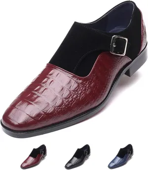 Men's Pattern Leather Patchwork Monk Strap Loafers Fashion Classic Pointed Toe Slip On Formal Business Dress Oxford Shoes