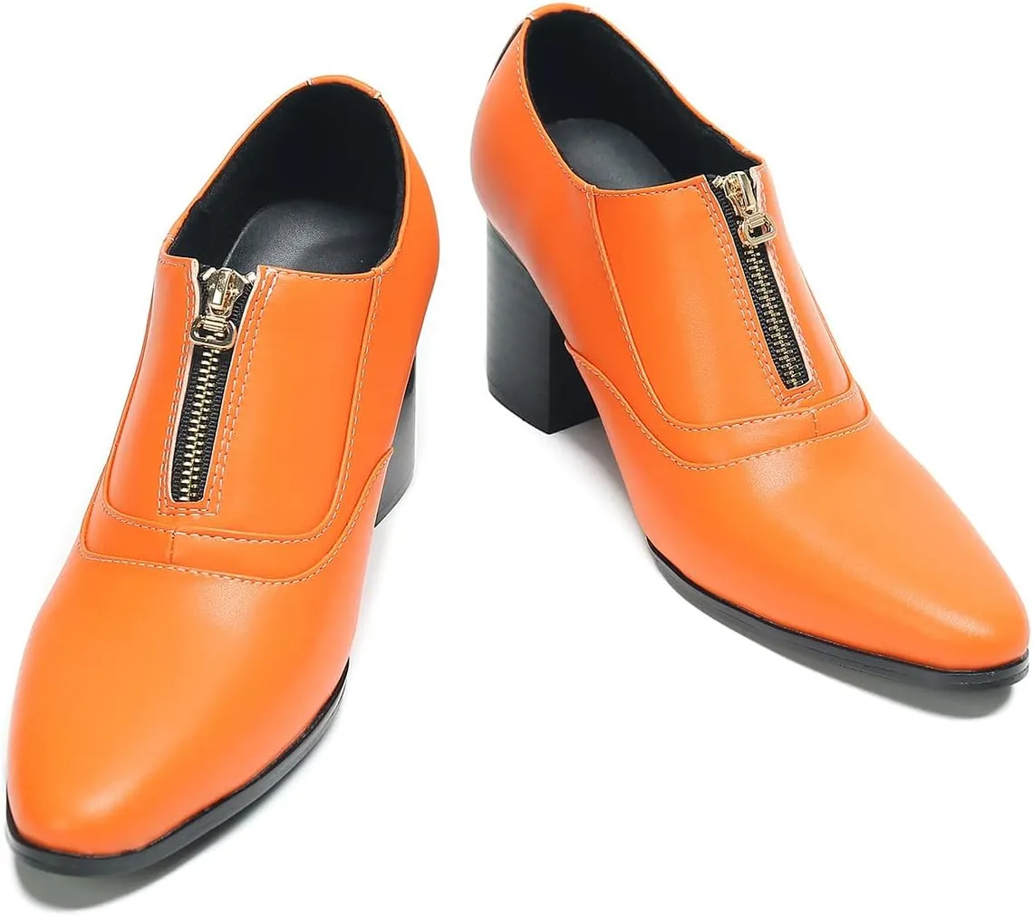 Men's Pump Slip On Loafers Party Dress Casual Leather Shoes Fashion Western Prom Wedding Disco Zipper Heels Shoes for Men Boys