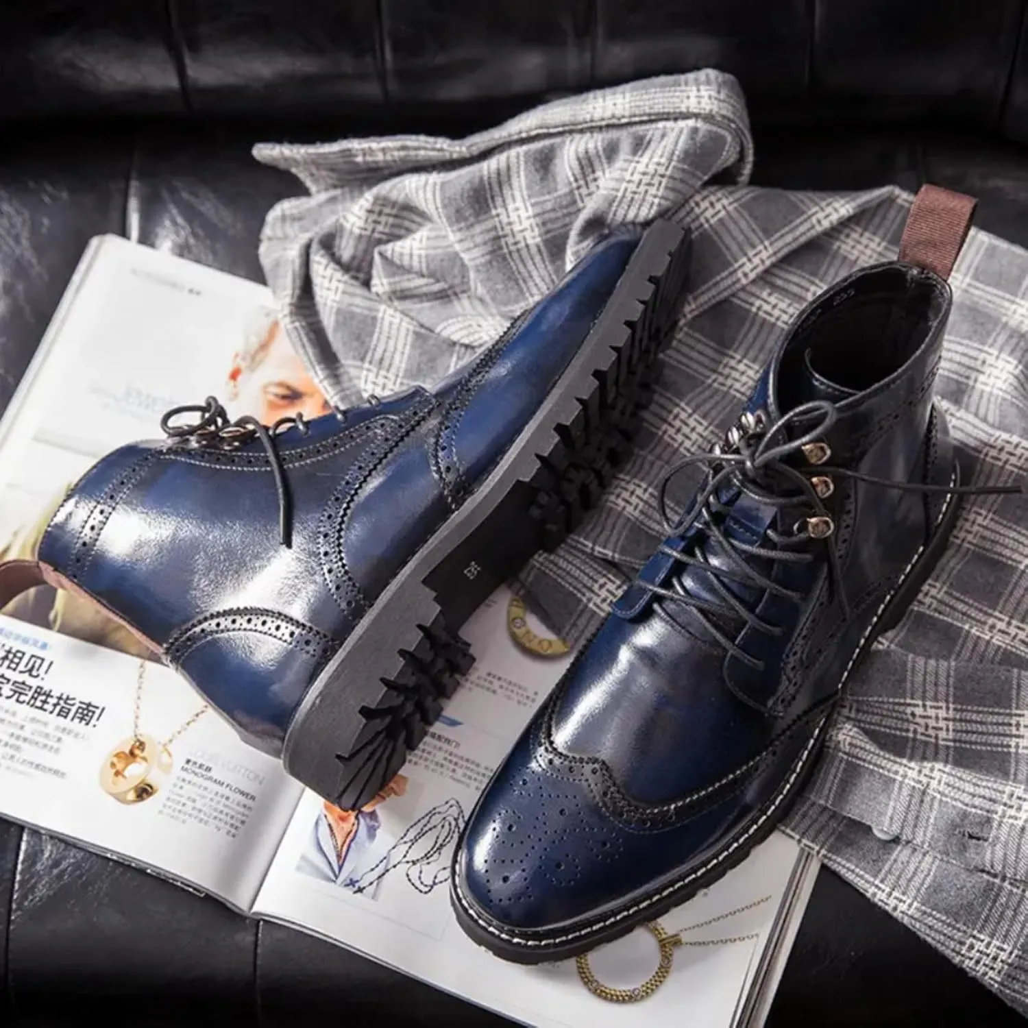 Mens Retro Brogue Leather Lace-Up High Top Ankle Boots Casual Vintage Wingtip Chukka Dress Boots for Business Office Daily Formal