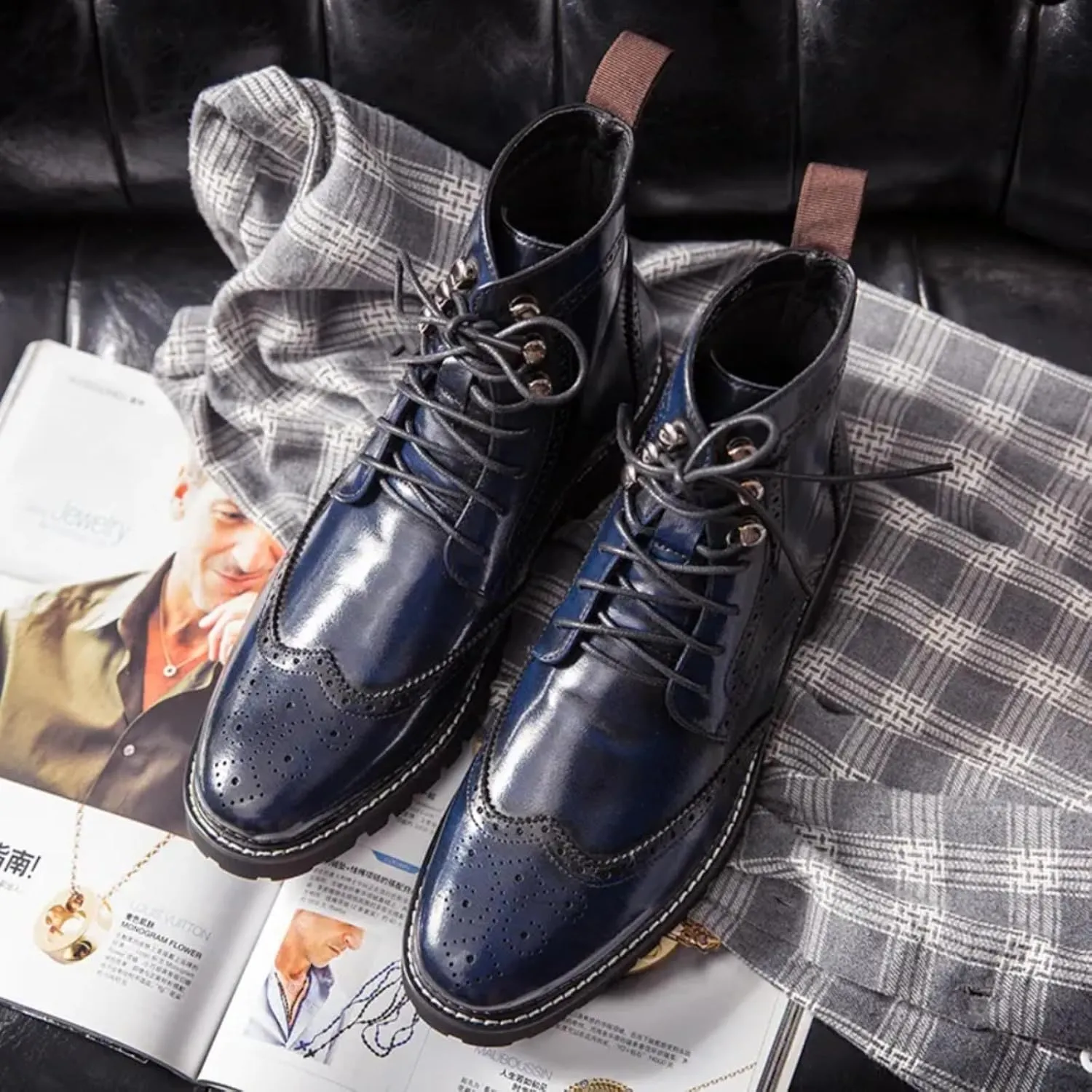 Mens Retro Brogue Leather Lace-Up High Top Ankle Boots Casual Vintage Wingtip Chukka Dress Boots for Business Office Daily Formal