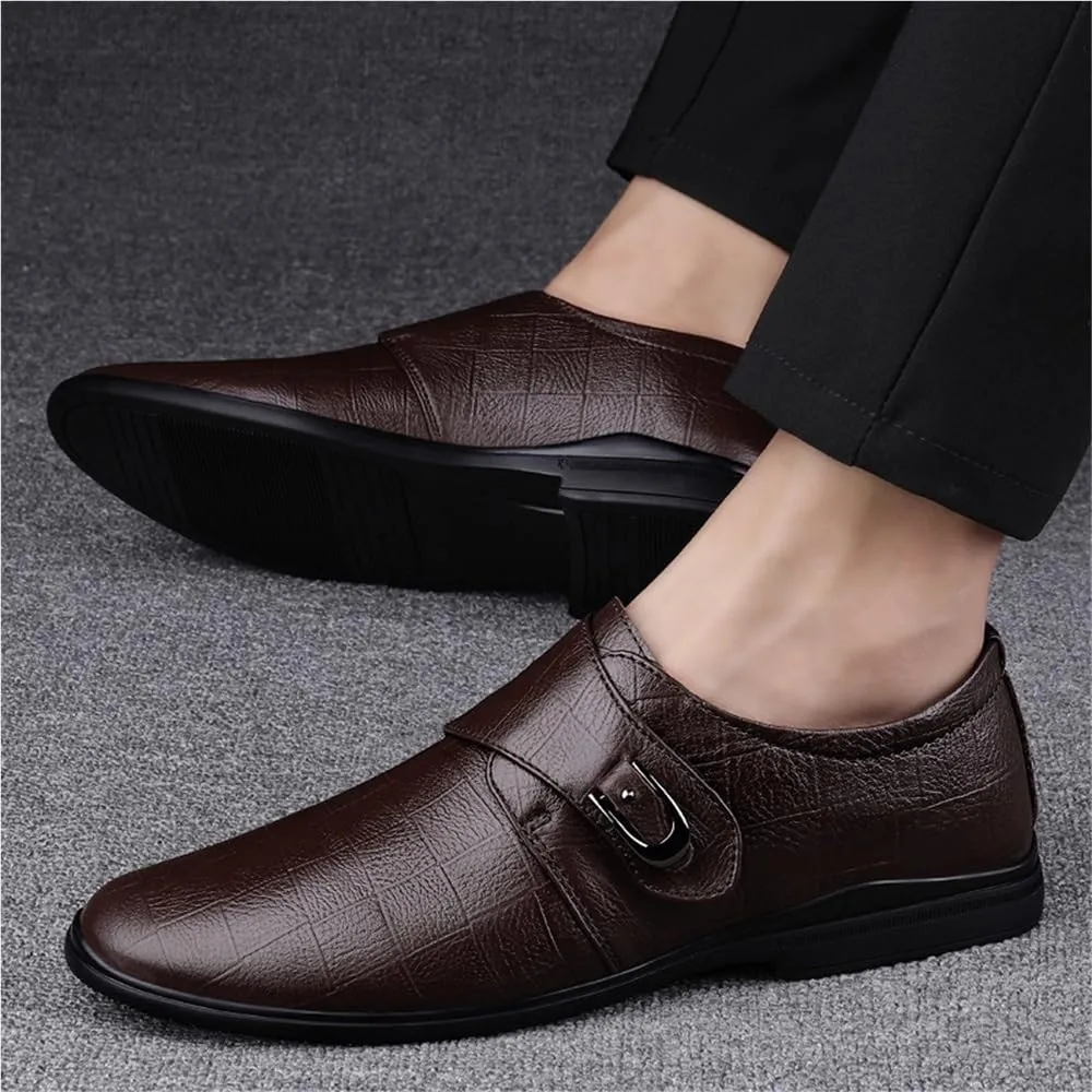 Mens Slip On Dress Loafers Classic Business Shoes Stylish Wear Resistant Soft Sole Brogue Flats Dark Brown