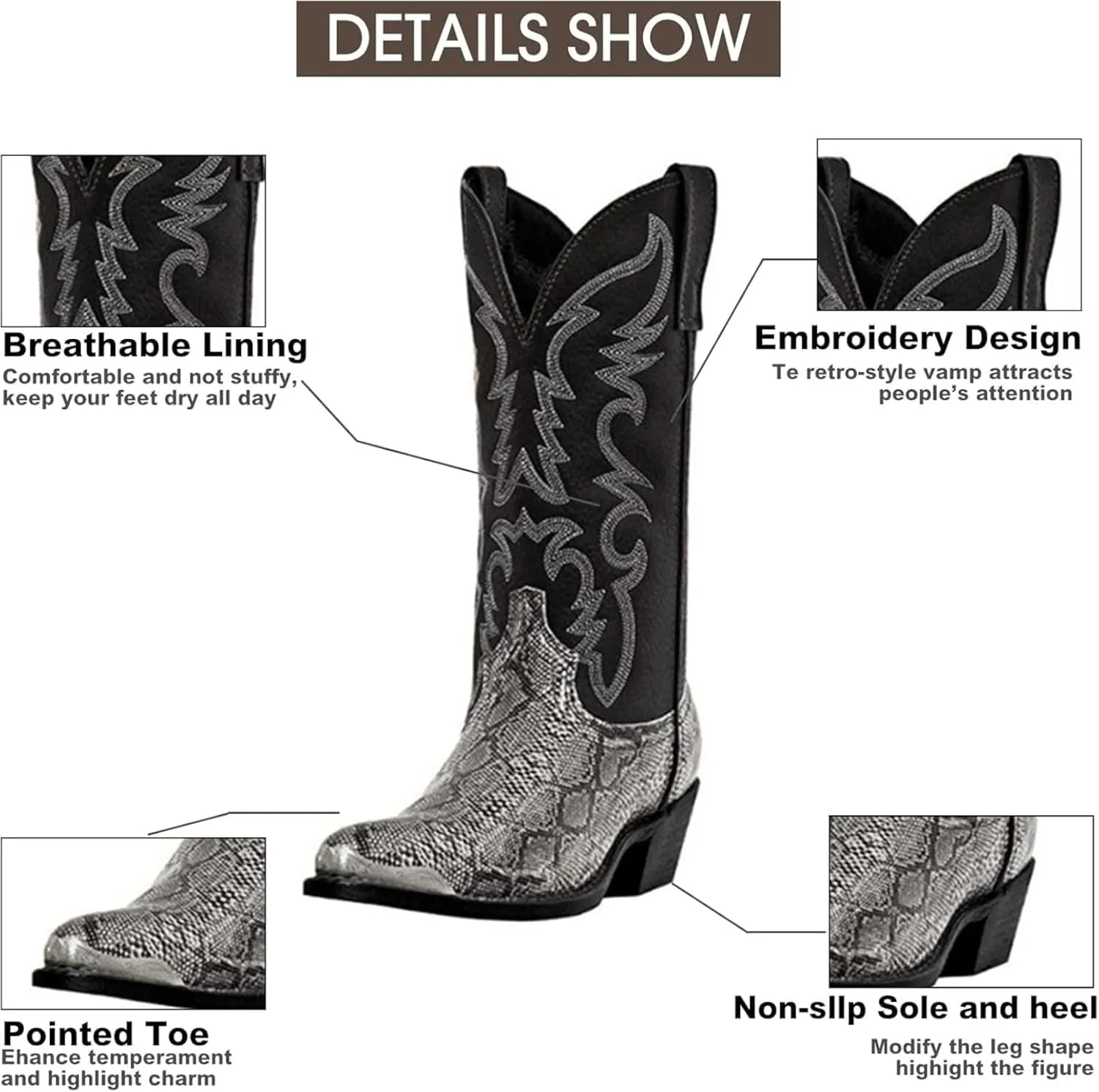 Men's Snake Skin Cowboy Boots, Square Toe, Distressed, Embroidered, Western, Snakeskin, Casual, All Seasons