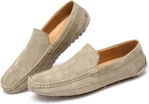 Men's Suede Driving Penny Loafers Retro Round Toe Solid Color Moccasin Shoes Comfortable Slip On Casual Dress Boat Shoes
