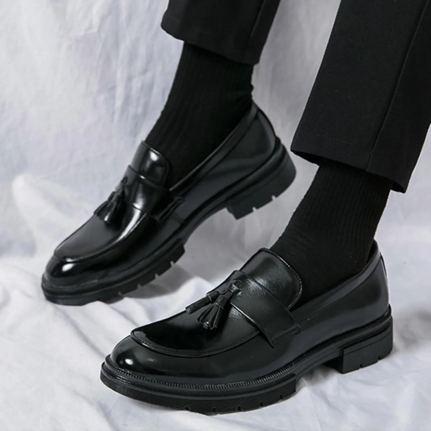 Mens Thick Sole Loafers Slip on Business Formal Loafers Non Slip Arch Support Leather Shoes for Men Waterproof Leather Shoes Comfortable Daily Work Shoe Casual Dress Shoe