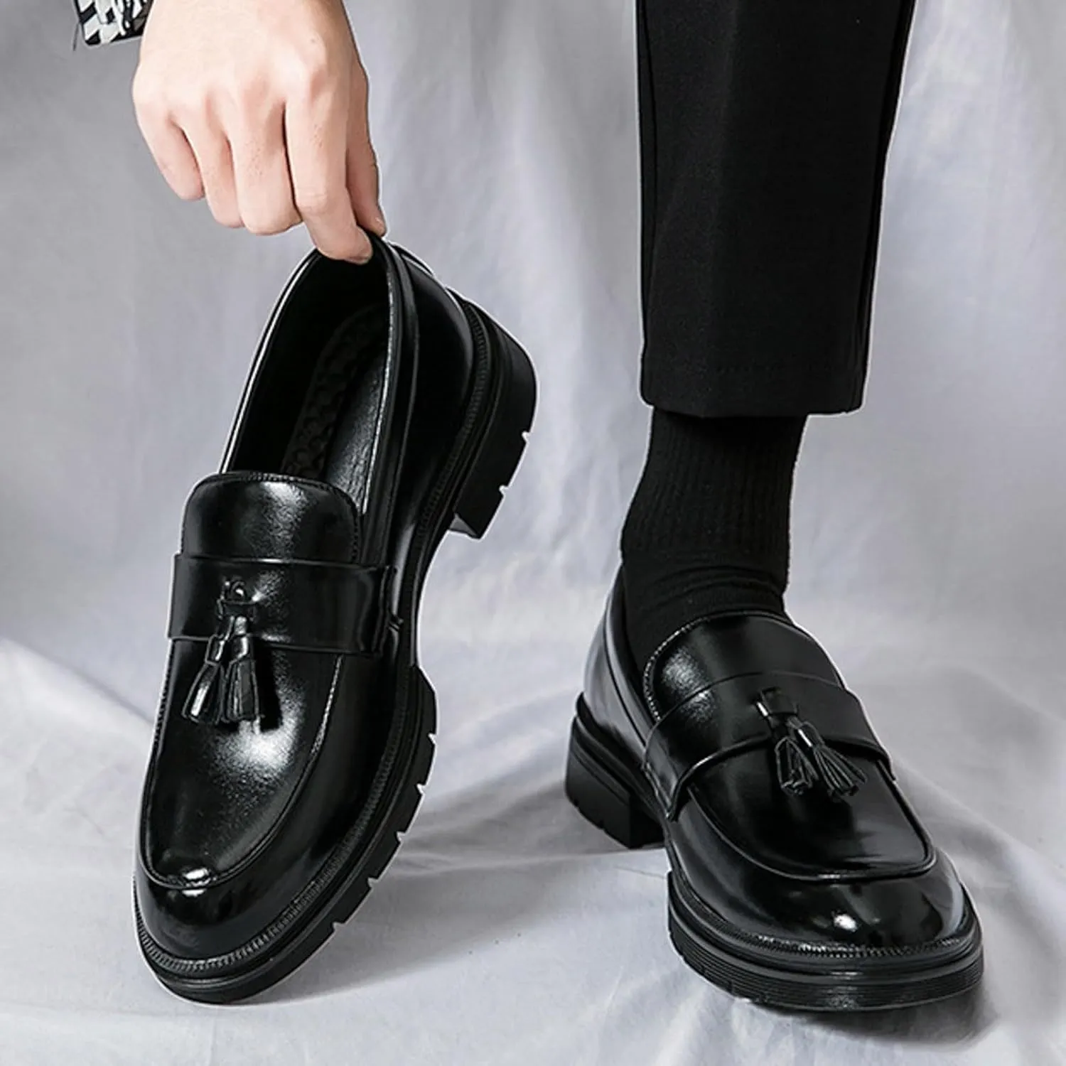 Mens Thick Sole Loafers Slip on Business Formal Loafers Non Slip Arch Support Leather Shoes for Men Waterproof Leather Shoes Comfortable Daily Work Shoe Casual Dress Shoe